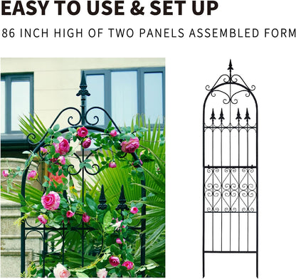 Garden Trellis for Climbing Plants, 70" H x 21.7" W Heavy Duty Metal Trellis, 6FT Rustproof Black Iron Vine Support Trellis with 9.2" Ground Stakes, Decorative Cupid Arrow Design Roses, Vines