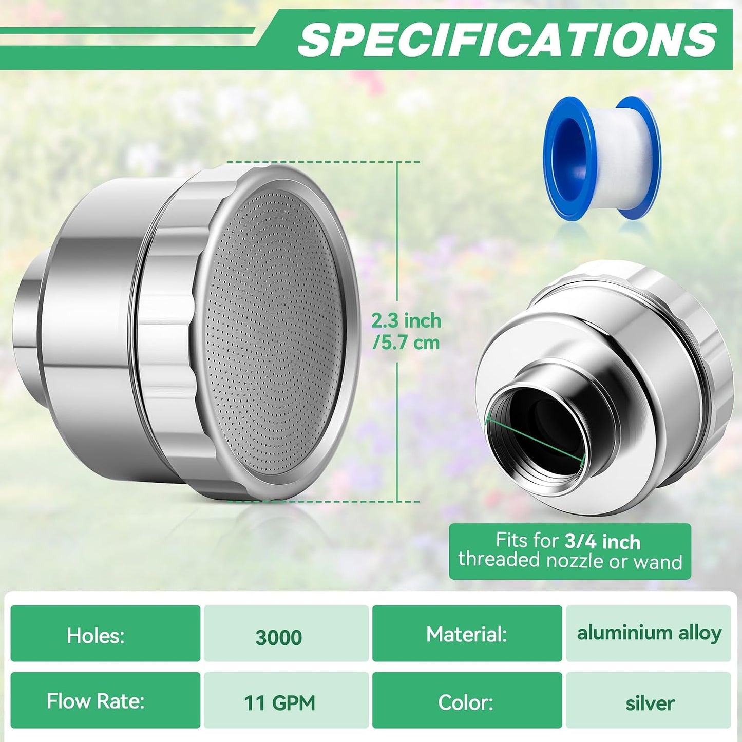 2 Pack Water Nozzle with 3000 Tiny Holes, 3/4'' Aluminium Alloy Garden Hose Shower Head with PTFE Thread Seal Tape for Outdoor Watering Flowers, Plants, Greenhouse, Nurseryman (2.24'',Silver)