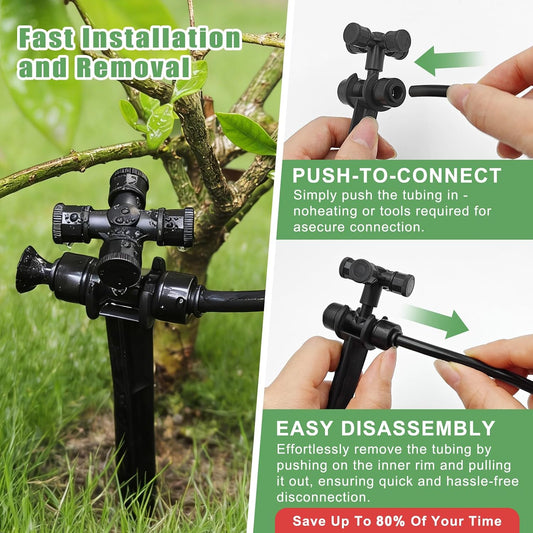 50FT Drip Irrigation System Kit Automatic Garden Watering System with 1/4" Drip Tubing & Quick Connect Fittings Adjustable Mist and Linear Columnar Modes for Greenhouse, Raised Garden Beds, Lawn, Yard