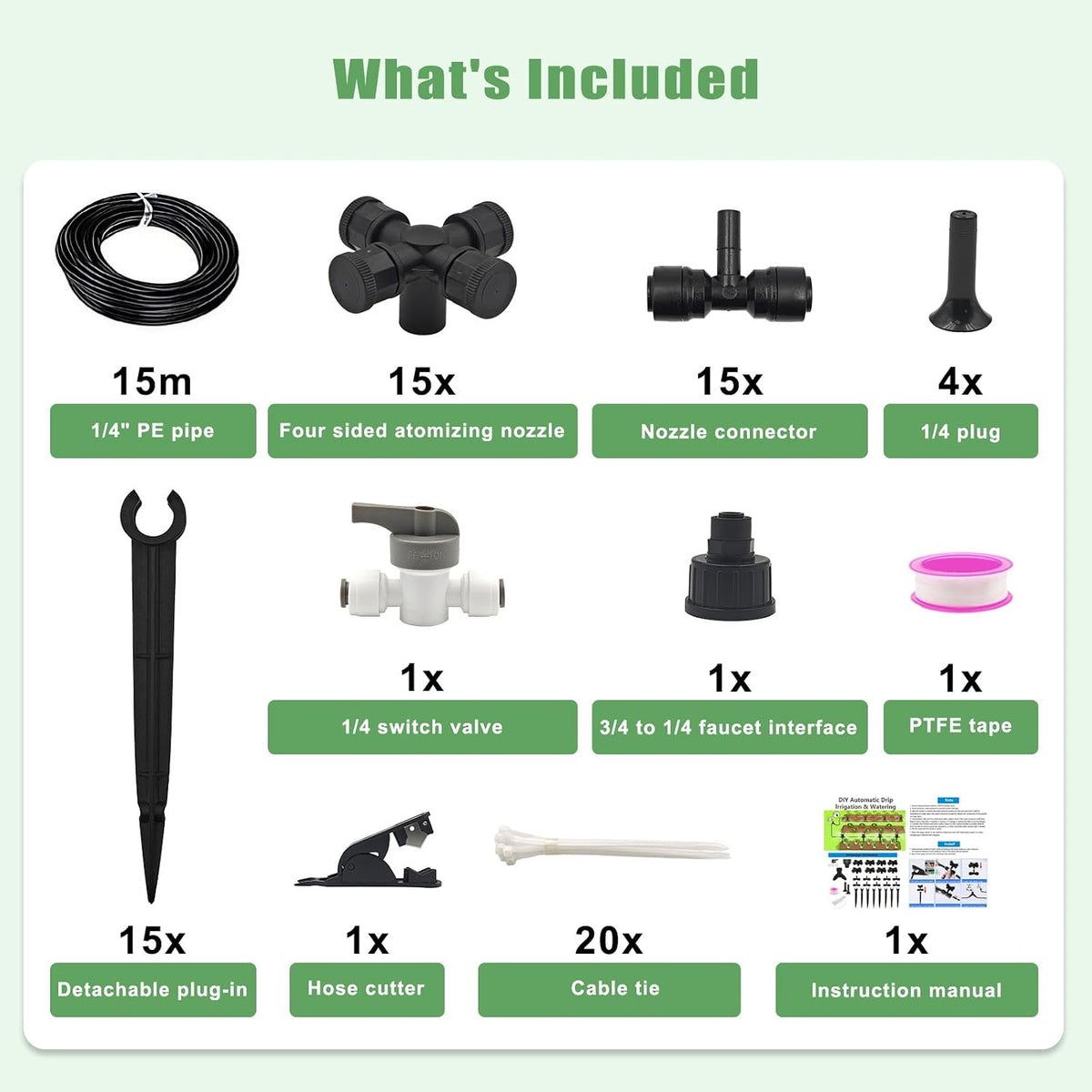50FT Drip Irrigation System Kit Automatic Garden Watering System with 1/4" Drip Tubing & Quick Connect Fittings Adjustable Mist and Linear Columnar Modes for Greenhouse, Raised Garden Beds, Lawn, Yard
