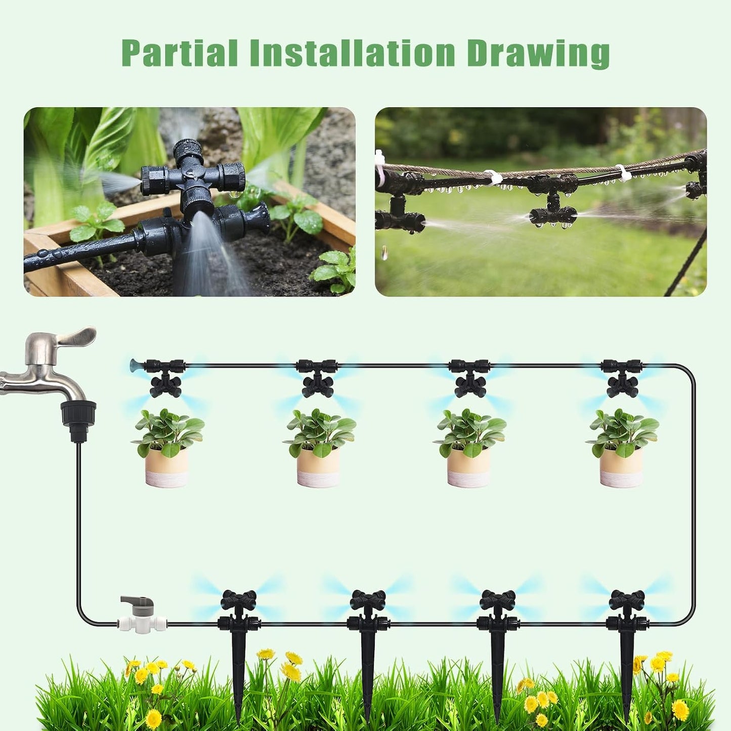50FT Drip Irrigation System Kit Automatic Garden Watering System with 1/4" Drip Tubing & Quick Connect Fittings Adjustable Mist and Linear Columnar Modes for Greenhouse, Raised Garden Beds, Lawn, Yard