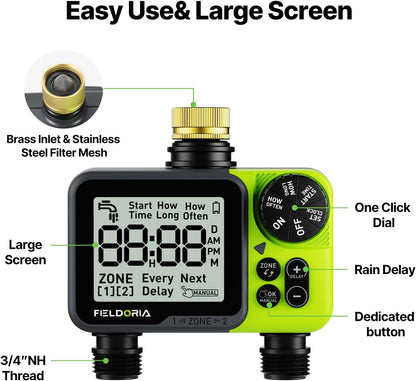 Sprinkler Timer- Hose Timer for Garden Hose, Programmable Watering Timer with Rain Delay, Outdoor Automatic & Manual Drip Irrigation Controller System for Lawn Yard Greenhouse, 2 Outlets