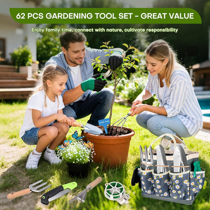 62-Piece Heavy-Duty Garden Tool Set, Complete Garden Tool Kit with Stainless Steel Shovel, Repotting Mat, Pruning Shear&Durable Gardening Tool Bag, Gardening Gift Set—Ideal Gift for Women/Men/Beginner