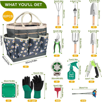 62-Piece Heavy-Duty Garden Tool Set, Complete Garden Tool Kit with Stainless Steel Shovel, Repotting Mat, Pruning Shear&Durable Gardening Tool Bag, Gardening Gift Set—Ideal Gift for Women/Men/Beginner