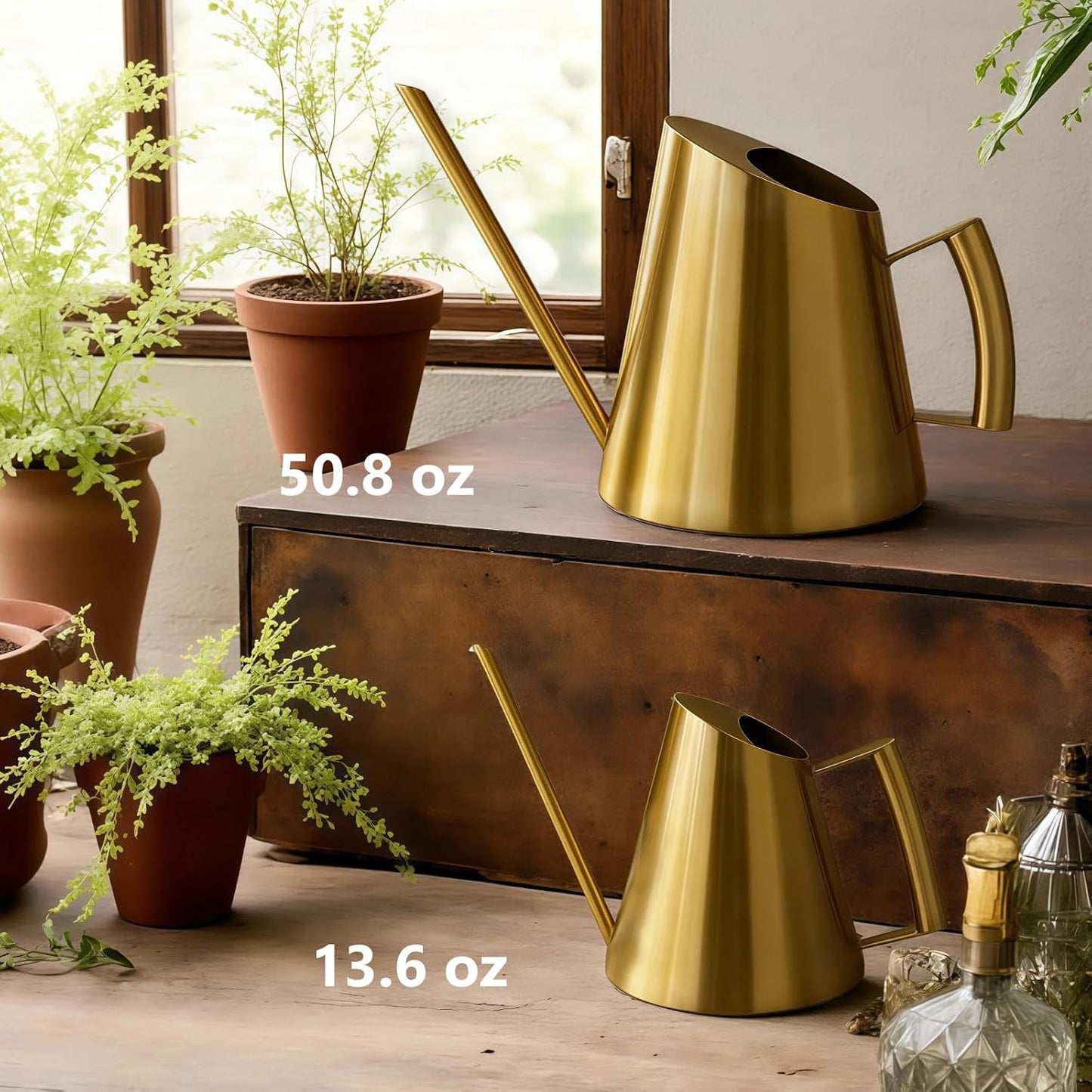 50.8 oz Watering Can Indoor Plants Stainless Steel Plant Waterer Watering Pot Sprinkle Pot Garden Flowers Plants Flower Tool Gold Watering Can with Long Spout (1500ml)