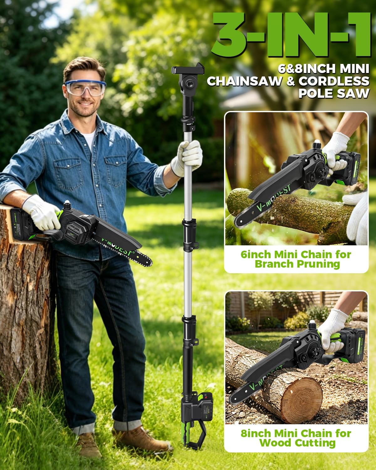 6Inch Mini Chainsaw with Extension Pole, 2-in-1 Pole Saw for Tree Trimming