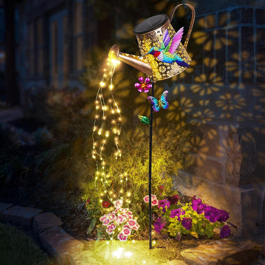 Solar Watering Can with Cascading Lights Outdoor Hummingbird Garden Decor