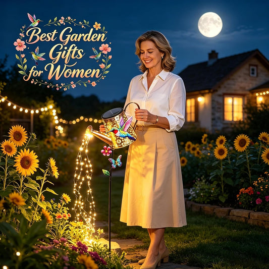 Solar Watering Can with Cascading Lights Outdoor Hummingbird Garden Decor