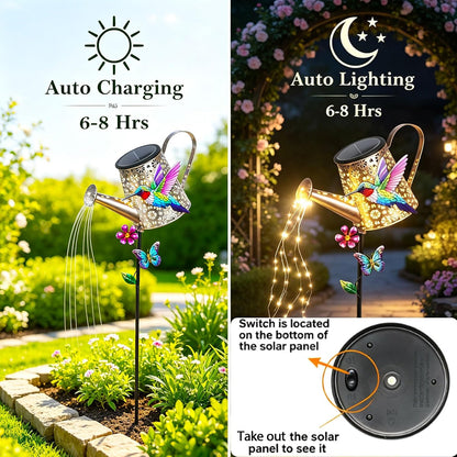 Solar Watering Can with Cascading Lights Outdoor Hummingbird Garden Decor