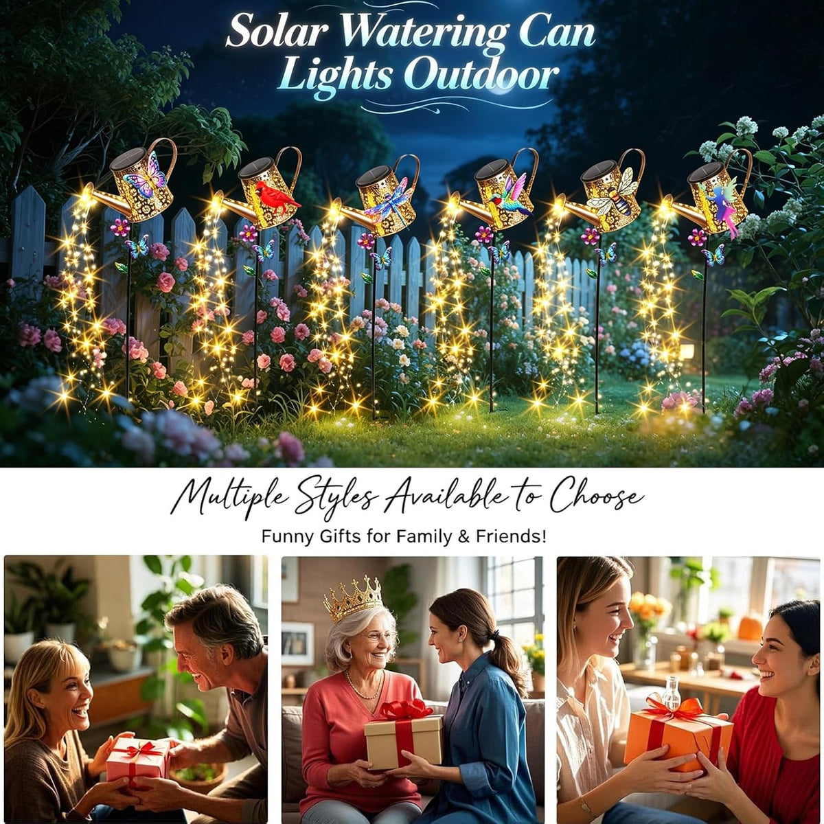 Solar Watering Can with Cascading Lights Outdoor Hummingbird Garden Decor