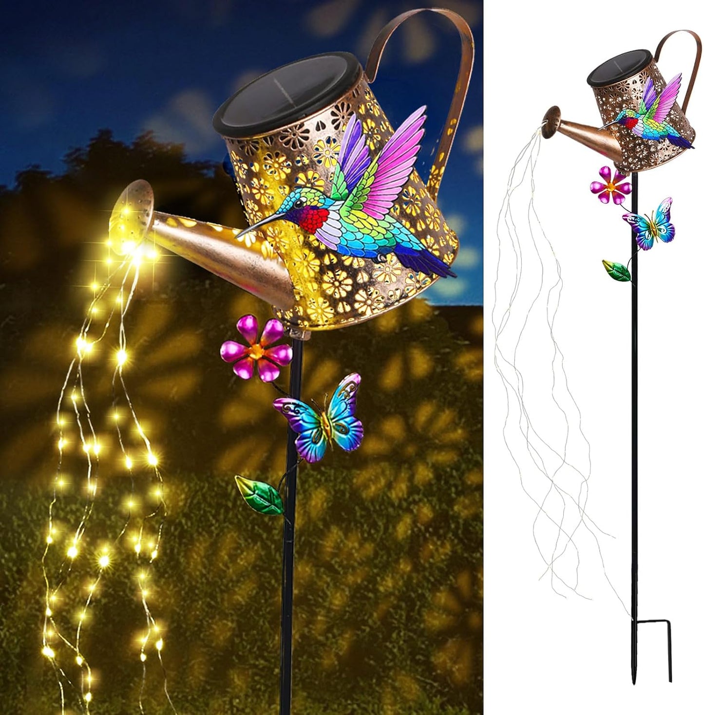 Solar Watering Can with Cascading Lights Outdoor Hummingbird Garden Decor