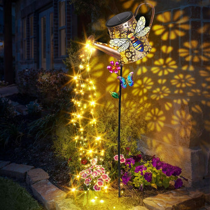 Solar Watering Can with Cascading Lights Outdoor Hummingbird Garden Decor