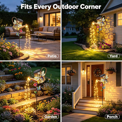 Solar Watering Can with Cascading Lights Outdoor Hummingbird Garden Decor