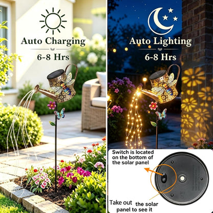 Solar Watering Can with Cascading Lights Outdoor Hummingbird Garden Decor