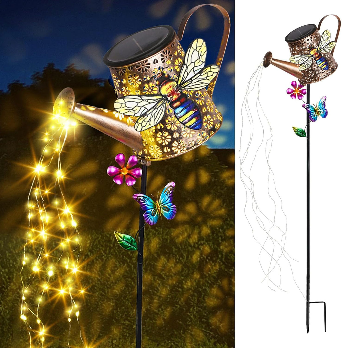 Solar Watering Can with Cascading Lights Outdoor Hummingbird Garden Decor