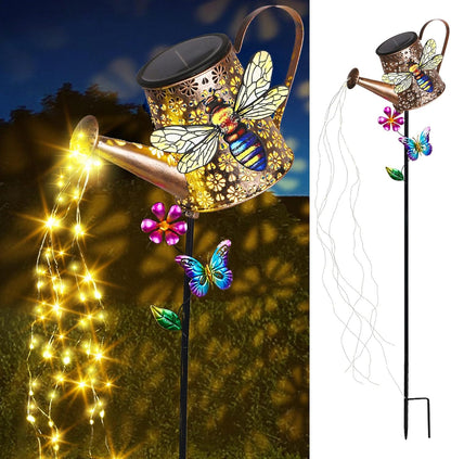 Solar Watering Can with Cascading Lights Outdoor Hummingbird Garden Decor