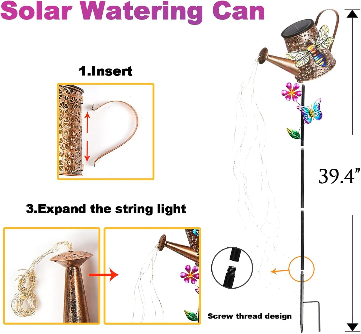 Solar Watering Can with Cascading Lights Outdoor Hummingbird Garden Decor
