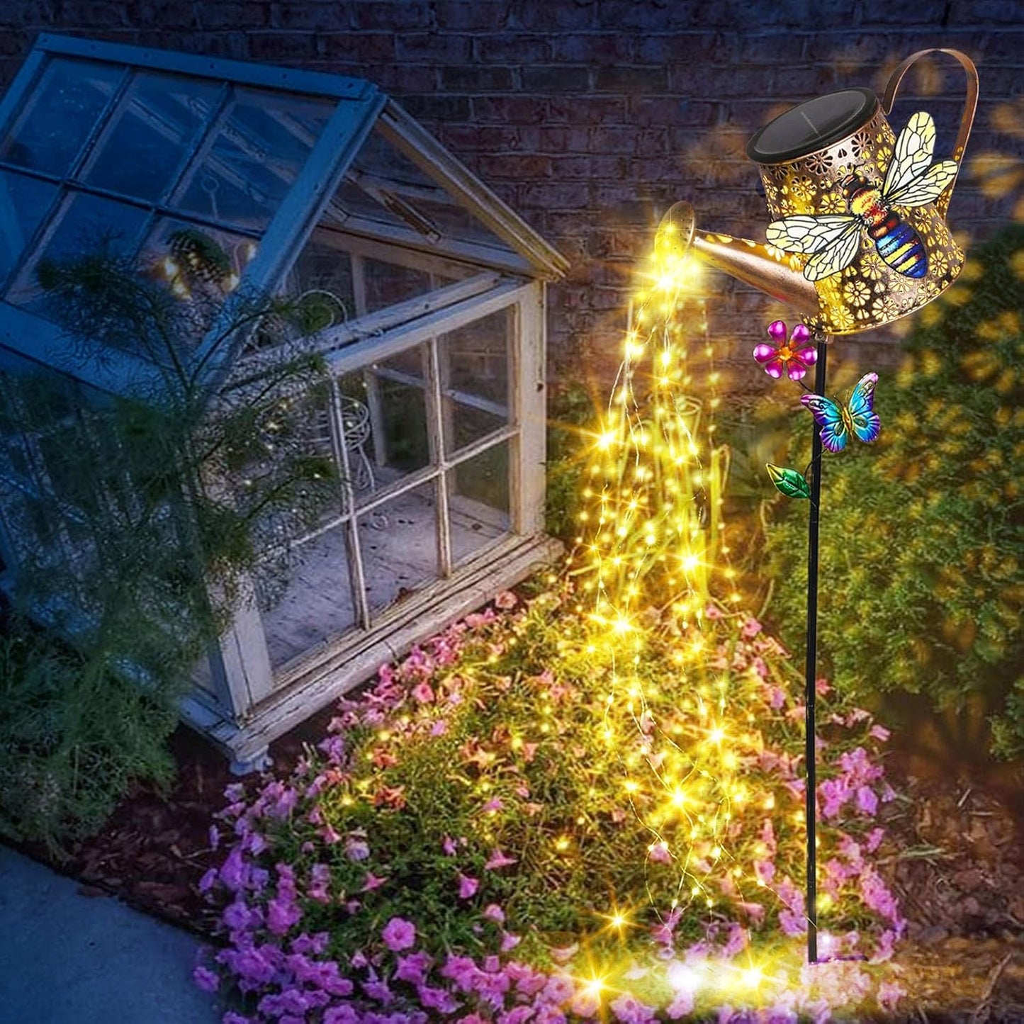 Solar Watering Can with Cascading Lights Outdoor Hummingbird Garden Decor