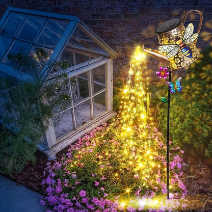 Solar Watering Can with Cascading Lights Outdoor Hummingbird Garden Decor
