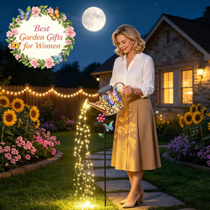 Solar Watering Can with Cascading Lights Outdoor Hummingbird Garden Decor