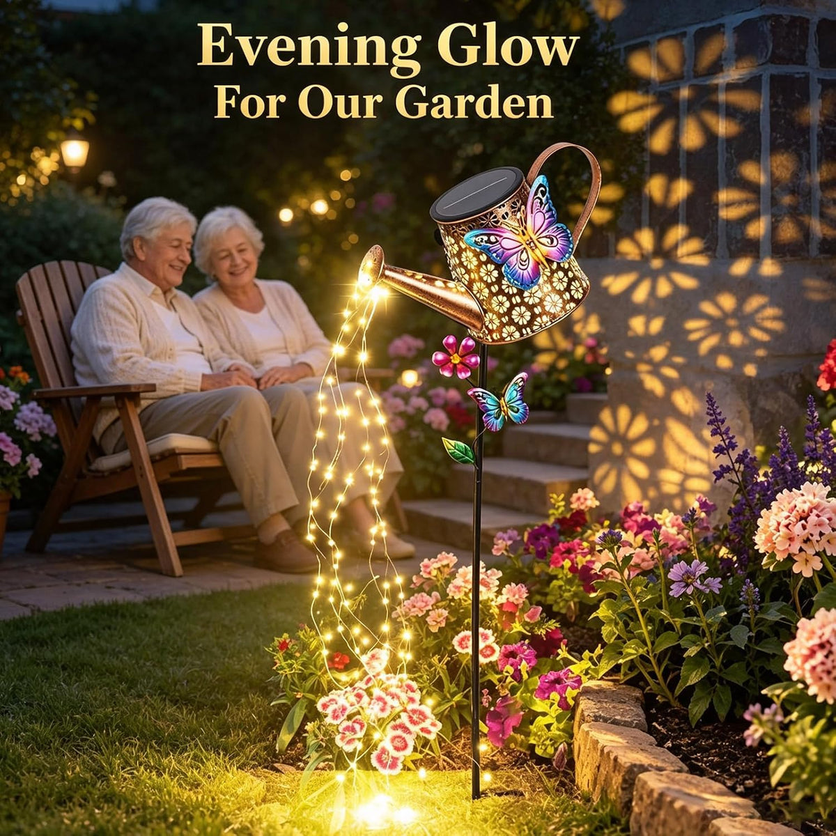Solar Watering Can with Cascading Lights Outdoor Hummingbird Garden Decor