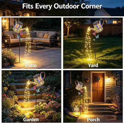 Solar Watering Can with Cascading Lights Outdoor Hummingbird Garden Decor