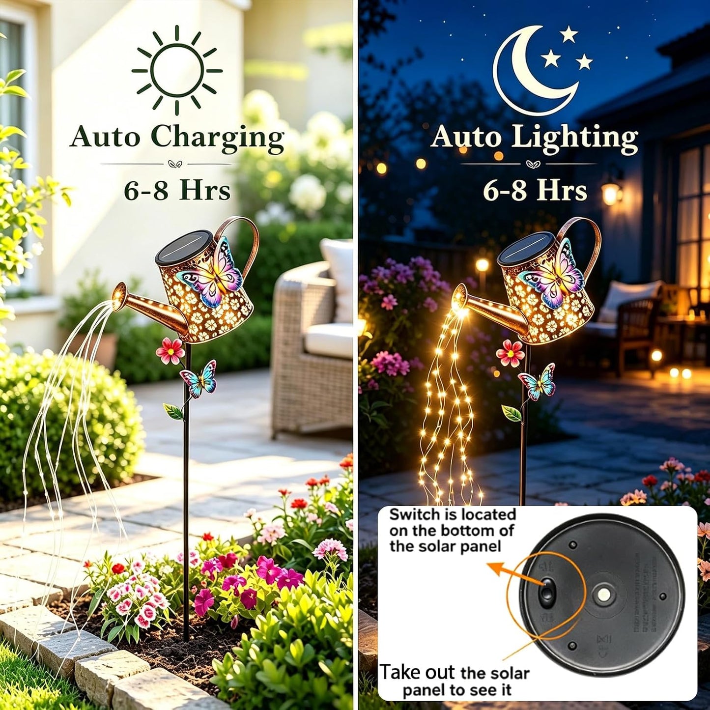 Solar Watering Can with Cascading Lights Outdoor Hummingbird Garden Decor