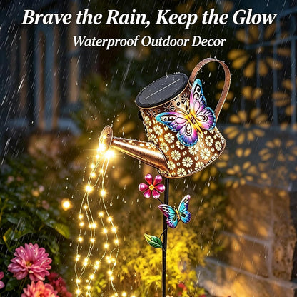 Solar Watering Can with Cascading Lights Outdoor Hummingbird Garden Decor