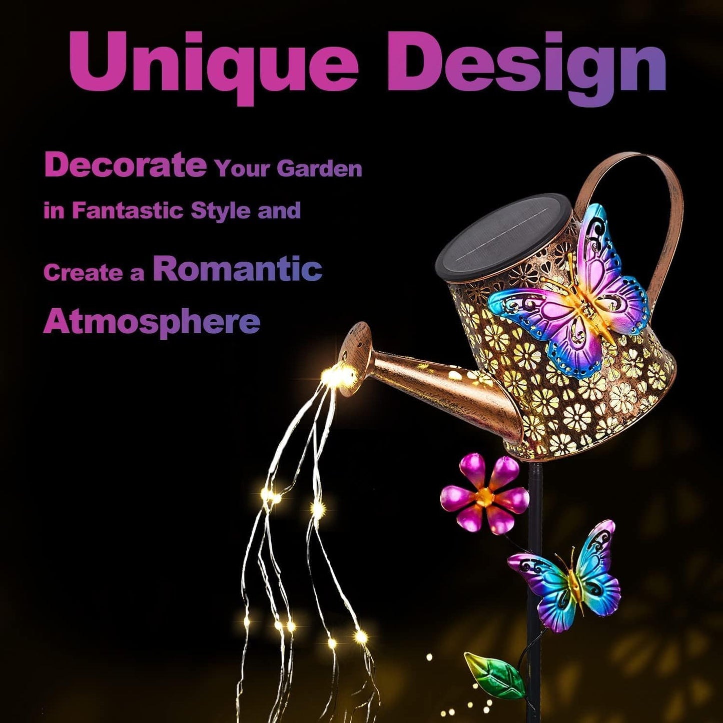 Solar Watering Can with Cascading Lights Outdoor Hummingbird Garden Decor
