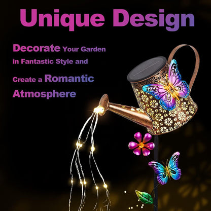 Solar Watering Can with Cascading Lights Outdoor Hummingbird Garden Decor