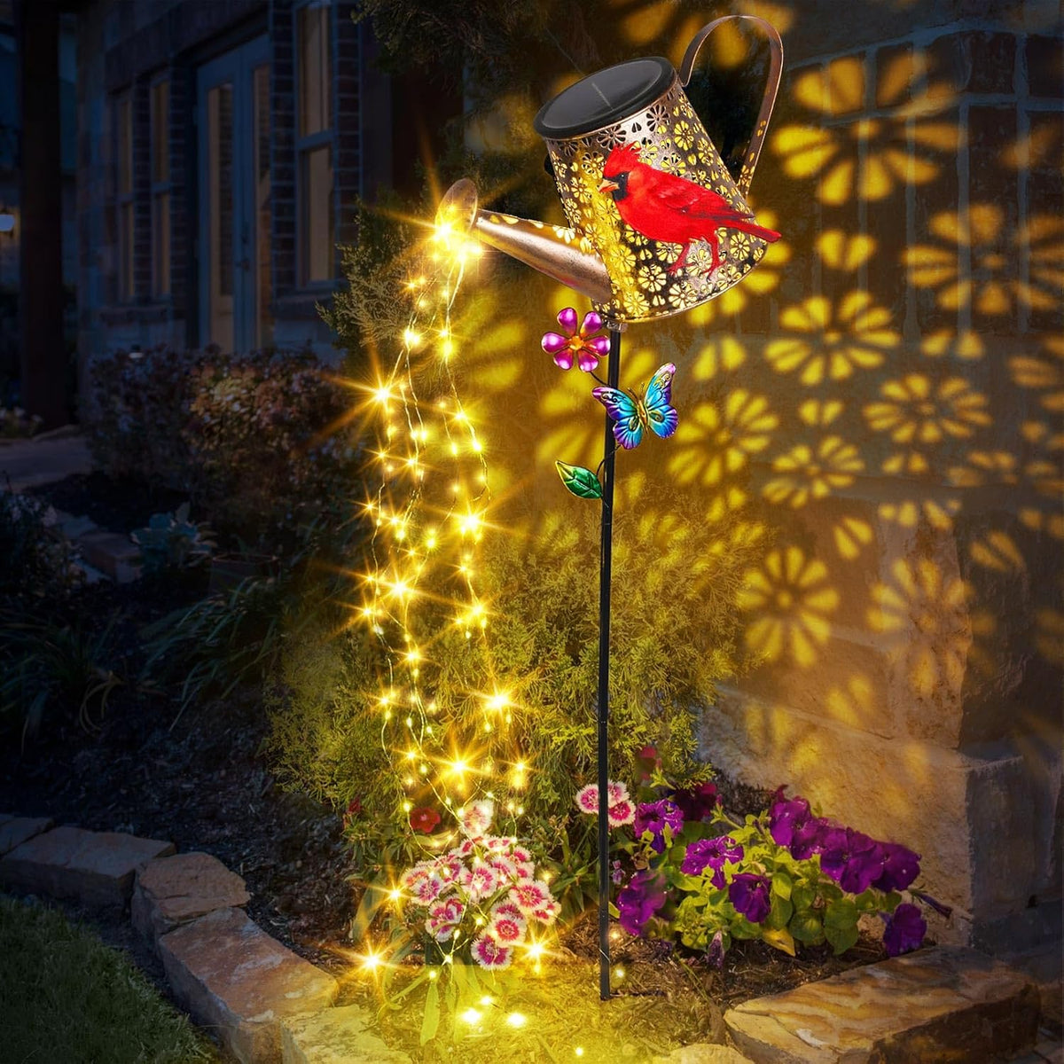 Solar Watering Can with Cascading Lights Outdoor Hummingbird Garden Decor