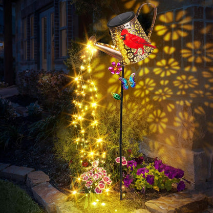 Solar Watering Can with Cascading Lights Outdoor Hummingbird Garden Decor