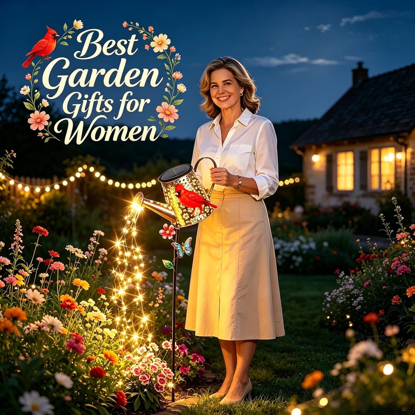 Solar Watering Can with Cascading Lights Outdoor Hummingbird Garden Decor