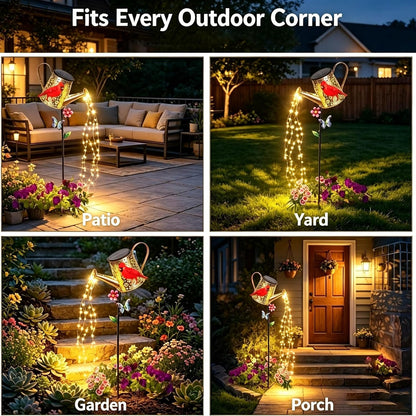 Solar Watering Can with Cascading Lights Outdoor Hummingbird Garden Decor