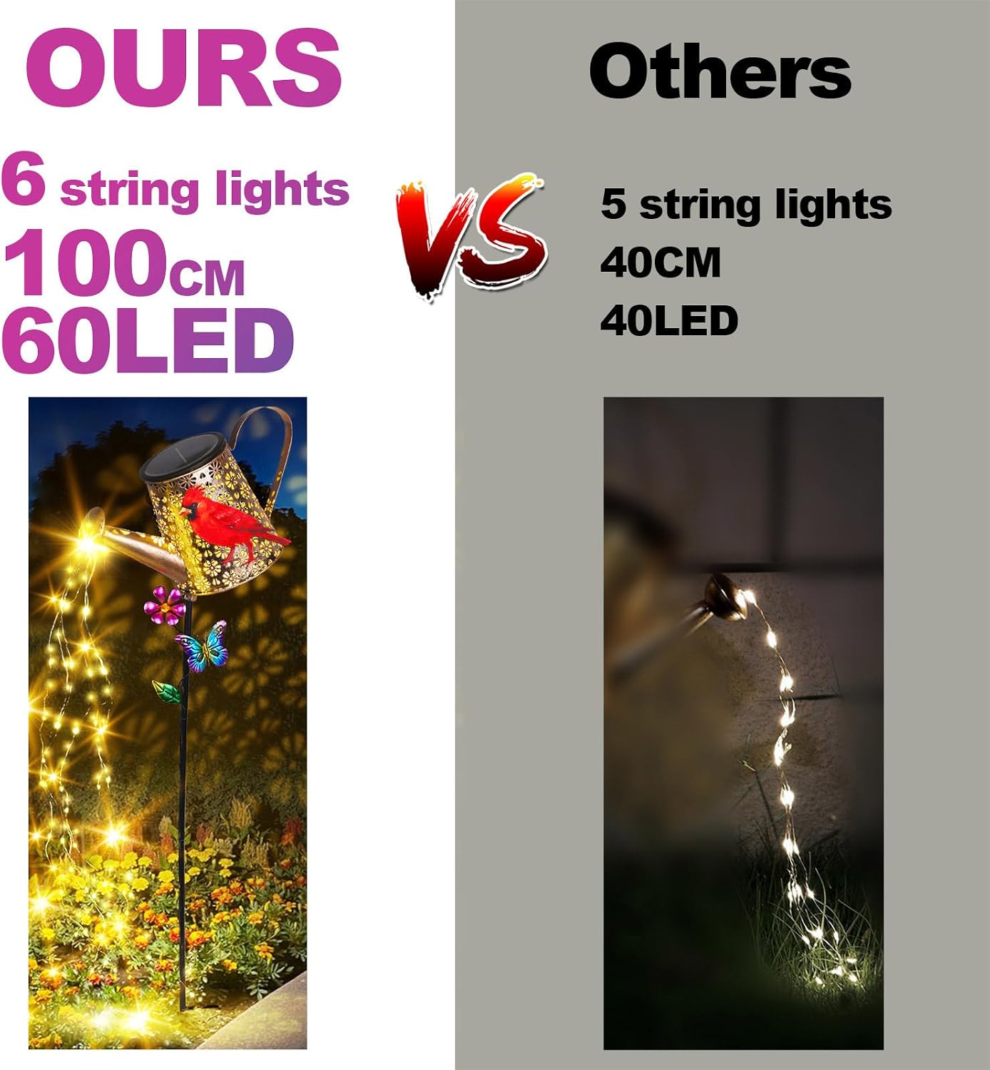 Solar Watering Can with Cascading Lights Outdoor Hummingbird Garden Decor