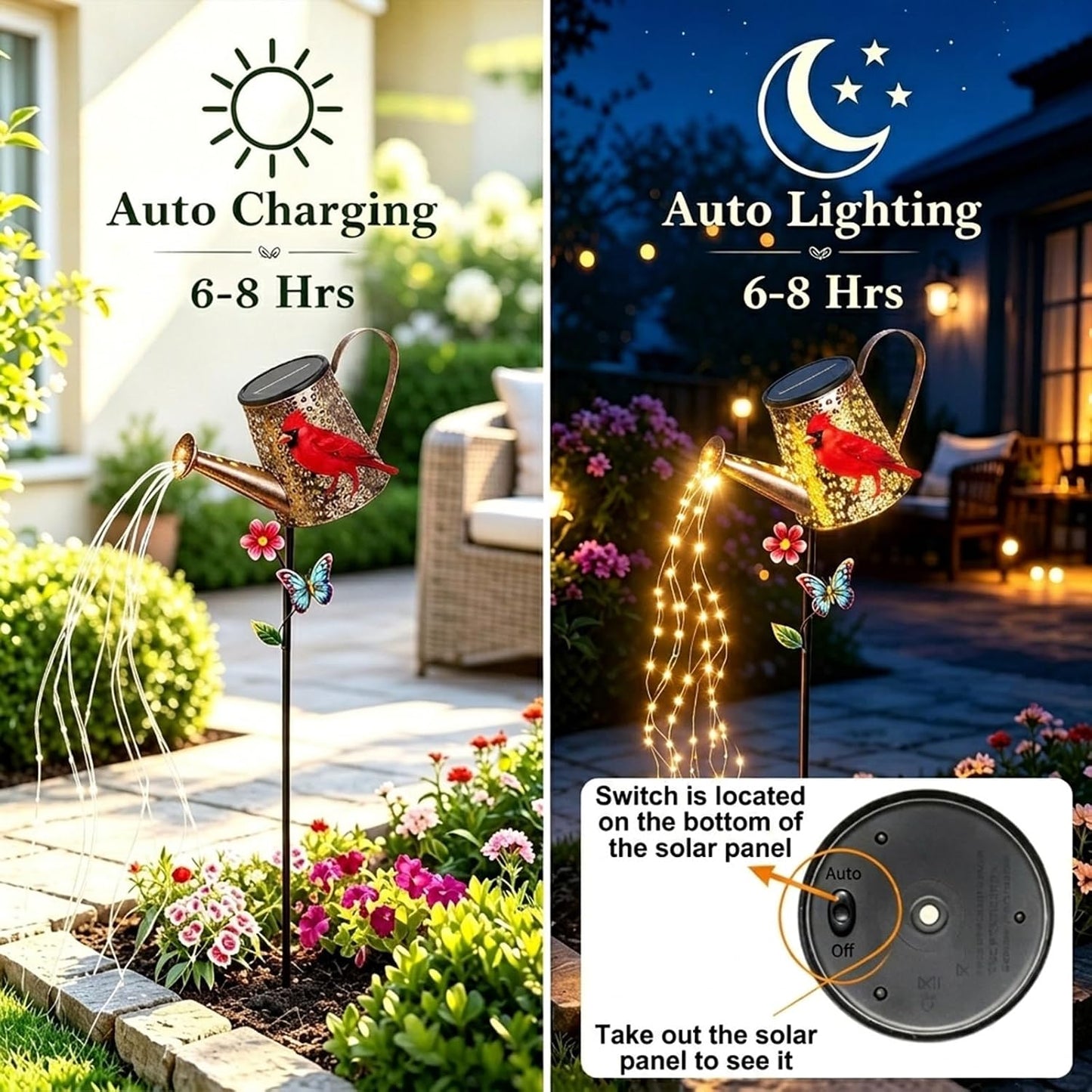 Solar Watering Can with Cascading Lights Outdoor Hummingbird Garden Decor