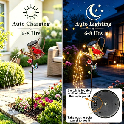 Solar Watering Can with Cascading Lights Outdoor Hummingbird Garden Decor