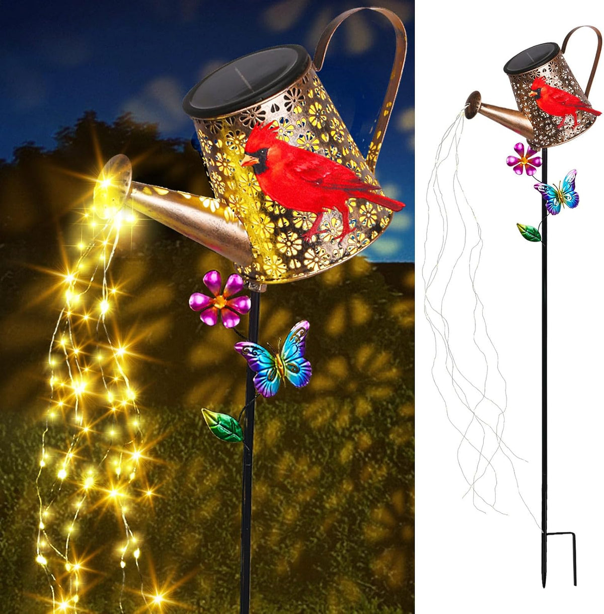 Solar Watering Can with Cascading Lights Outdoor Hummingbird Garden Decor
