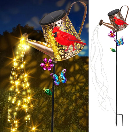 Solar Watering Can with Cascading Lights Outdoor Hummingbird Garden Decor