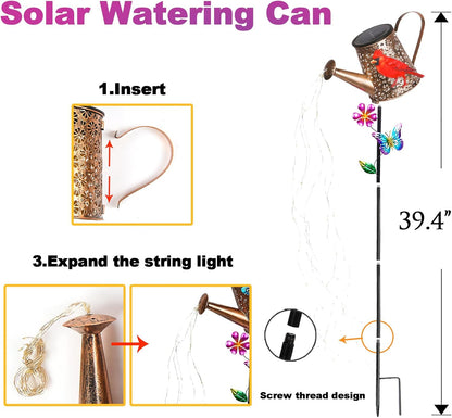 Solar Watering Can with Cascading Lights Outdoor Hummingbird Garden Decor