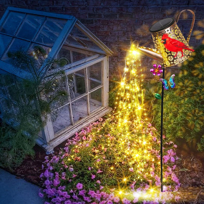 Solar Watering Can with Cascading Lights Outdoor Hummingbird Garden Decor