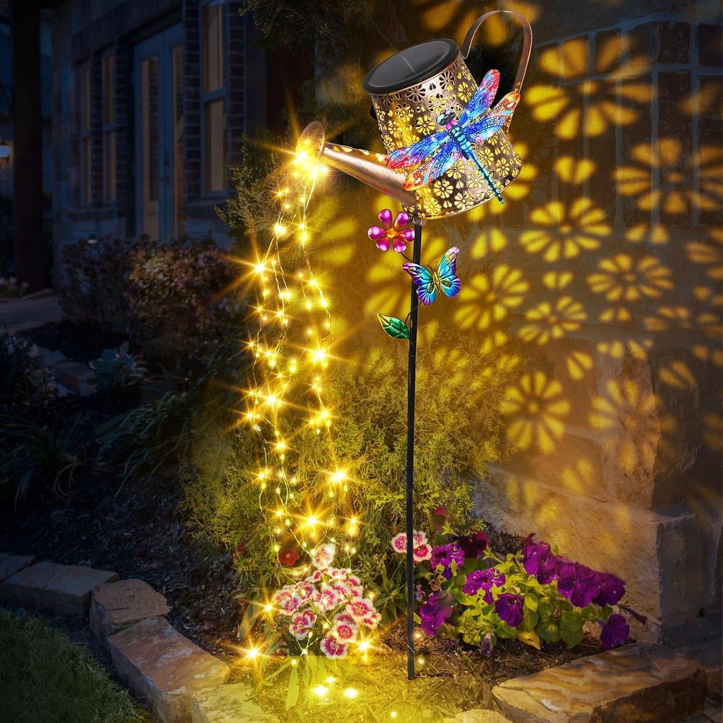 Solar Watering Can with Cascading Lights Outdoor Hummingbird Garden Decor