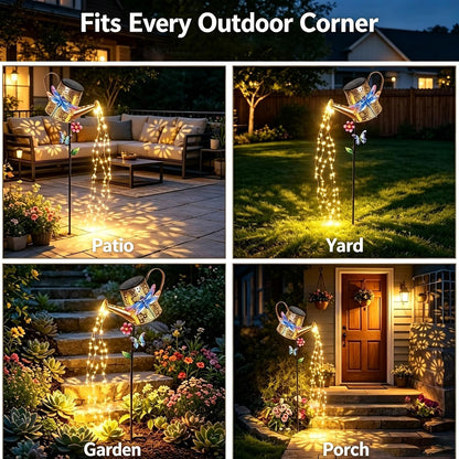 Solar Watering Can with Cascading Lights Outdoor Hummingbird Garden Decor