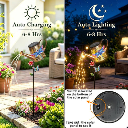 Solar Watering Can with Cascading Lights Outdoor Hummingbird Garden Decor