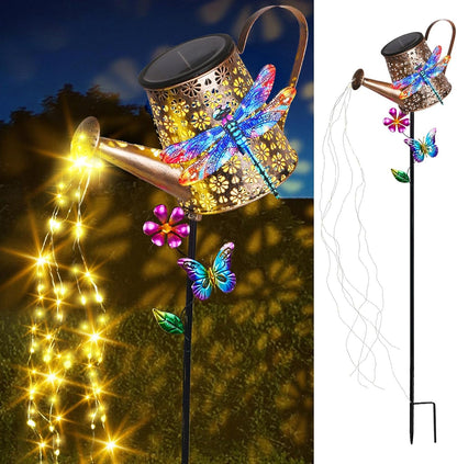 Solar Watering Can with Cascading Lights Outdoor Hummingbird Garden Decor