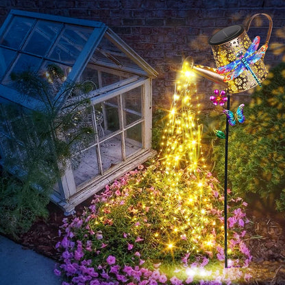 Solar Watering Can with Cascading Lights Outdoor Hummingbird Garden Decor