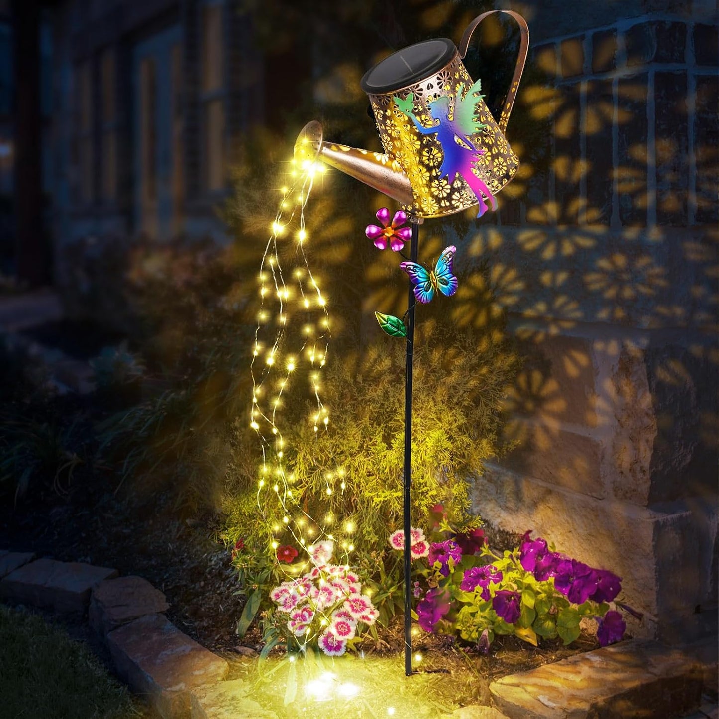 Solar Watering Can with Cascading Lights Outdoor Hummingbird Garden Decor