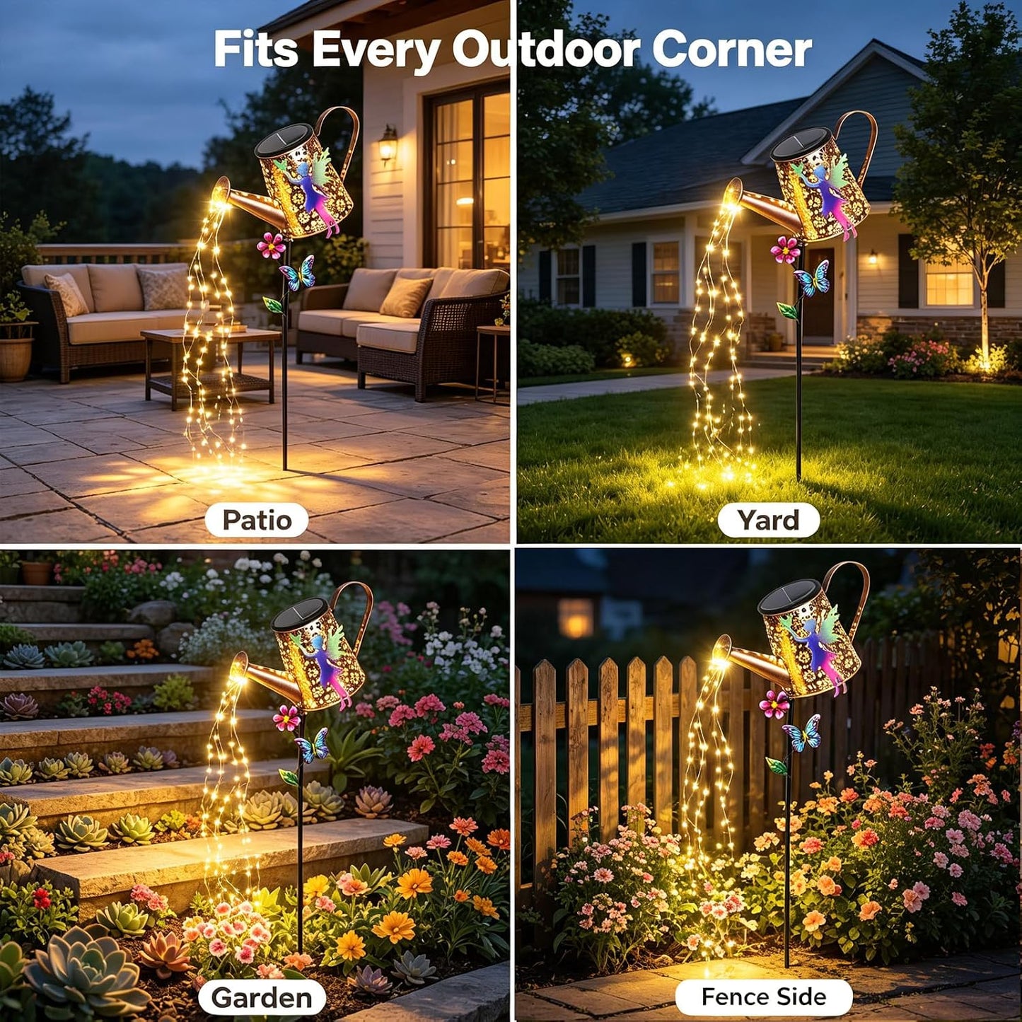 Solar Watering Can with Cascading Lights Outdoor Hummingbird Garden Decor