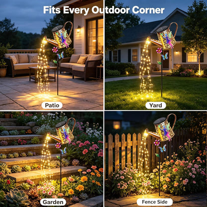 Solar Watering Can with Cascading Lights Outdoor Hummingbird Garden Decor