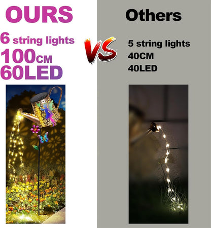 Solar Watering Can with Cascading Lights Outdoor Hummingbird Garden Decor